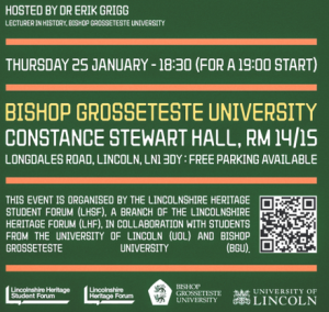 LHSF events poster: Hosted by Dr Erik Grigg at Bishop Grosseteste University